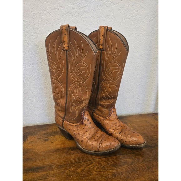 Women's Ostrich Leather Cowboy Boots Tan Western Style - Picture 1 of 10